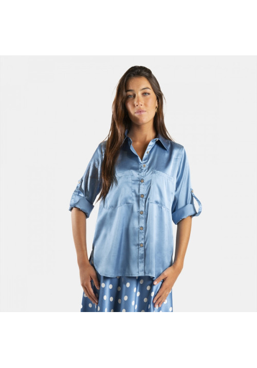 BLUSA SATINADA AZUL BOLSILLOS TANTREND